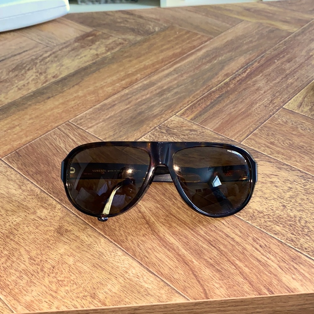 Versace Polarized Sunglasses, Brown Pilot Style
